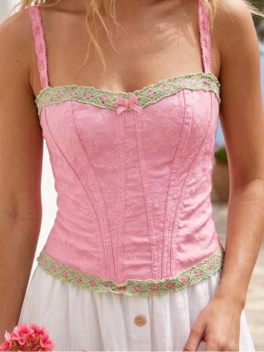 Pink Lace Bustier with Green Trim